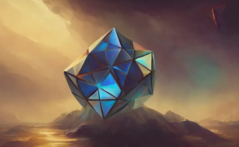 Image similar to a painting of a sierpinski icosahedron trending on artstation in the style of greg rutkowski, 3 d, fractal, 4 d, endless, rainbow, geometric tesseract, symmetry, wallpaper, sacred