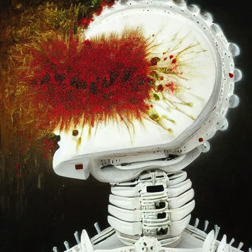 Image similar to a painting by thomas cole of a white robot head with flowers growing out, highly detailed, color bleeding, pixel sorting, plain black background, studio lighting, high contrast, bold composition, abstract paint color splotches