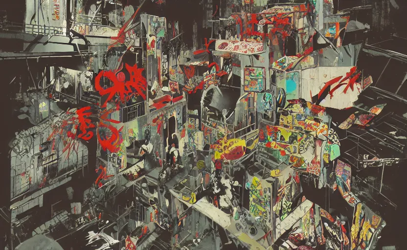 Image similar to a photograph of Japanese graffiti art in 1977, dramatic masterpiece by Beeple, James Jean, Jamie Hewlett, Metal Slug concept art, Metal Gear Solid concept art, Silent Hill concept art, 4k wallpaper, surrealism