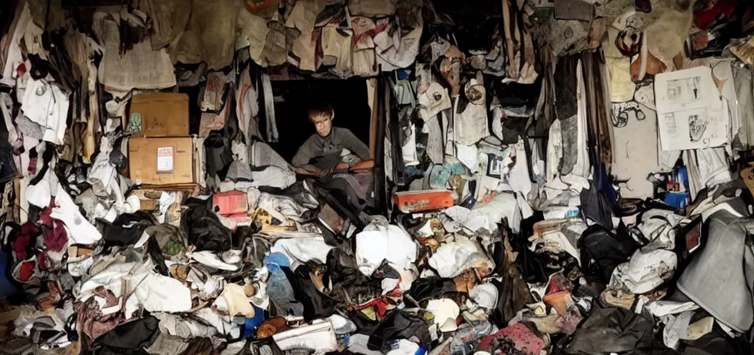 Image similar to a teenage boy at his back entering in a hoarder's room, dark atmosphere