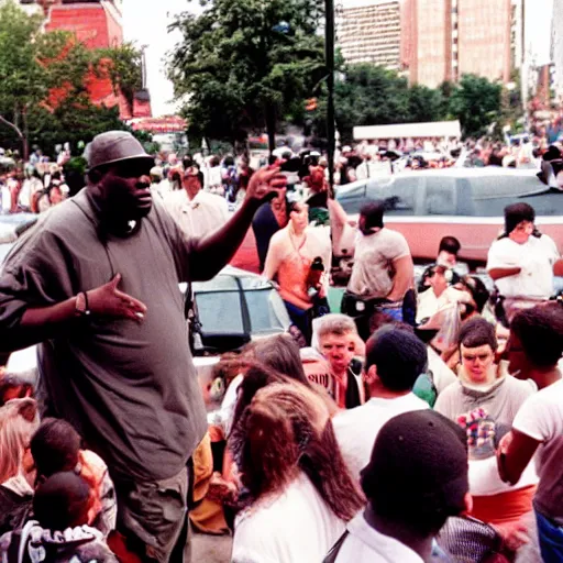 Prompt: the notorious big in brooklin, street concert, 1 9 9 4, kodachrome photograph, 5 0 mm lens