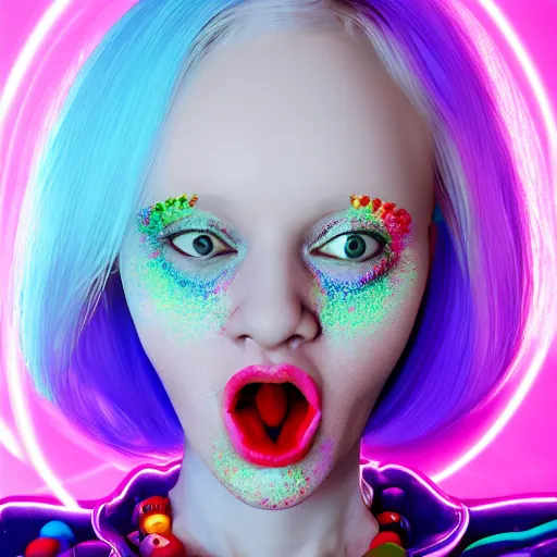 Image similar to portrait of an albino woman eating a lot of candy, unreal engine octane, colorful, hyper detailed, 50mm