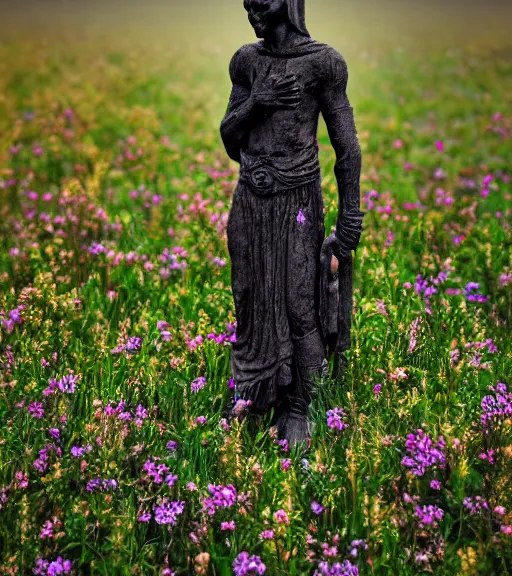 Image similar to mystical black death god figure statue in tall meadow of flowers, film photo, grainy, high detail, high resolution