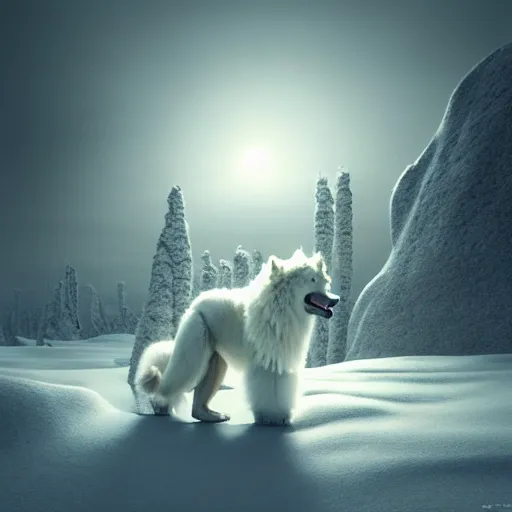 Image similar to giant sleeping ( ( samoyed ) ) creature creature in a tundra landscape, dramatic lighting, moody : : by michal karcz, daniel merriam, victo ngai and guillermo del toro : : ornate, dynamic, particulate, intricate, elegant, highly detailed, centered, artstation, smooth, sharp focus, octane render, 3 d