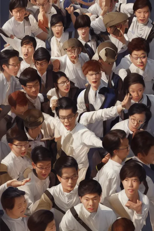 Prompt: top angle shot, wide lens of group of young asian student with white uniform pointing to the camera, octane render, photorealism, masterpiece painted by jc leyendecker, 8 k, high detail, fantasy art, dnd, artstation,