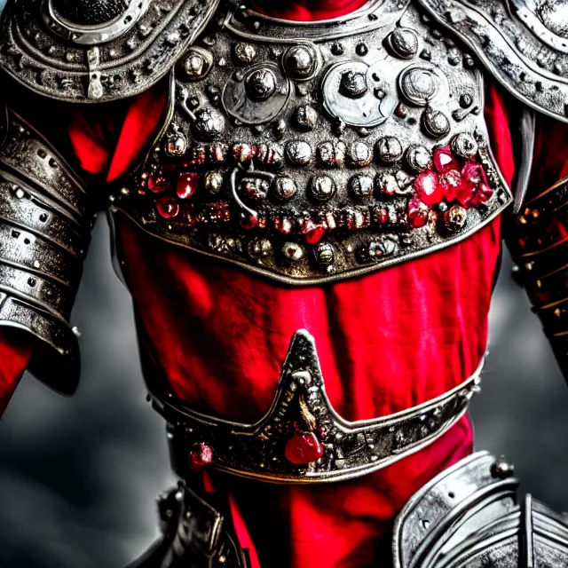 Prompt: photo of a warrior with ruby encrusted armour highly detailed 8 k hdr smooth sharp focus high resolution award - winning photo dslr 5 0 mm