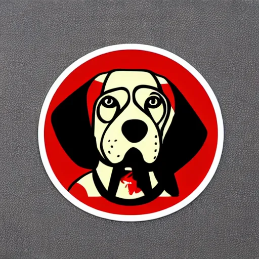 Prompt: wild humanoid dog playing music on his headphones, dancing by shepard fairey, sticker - svg