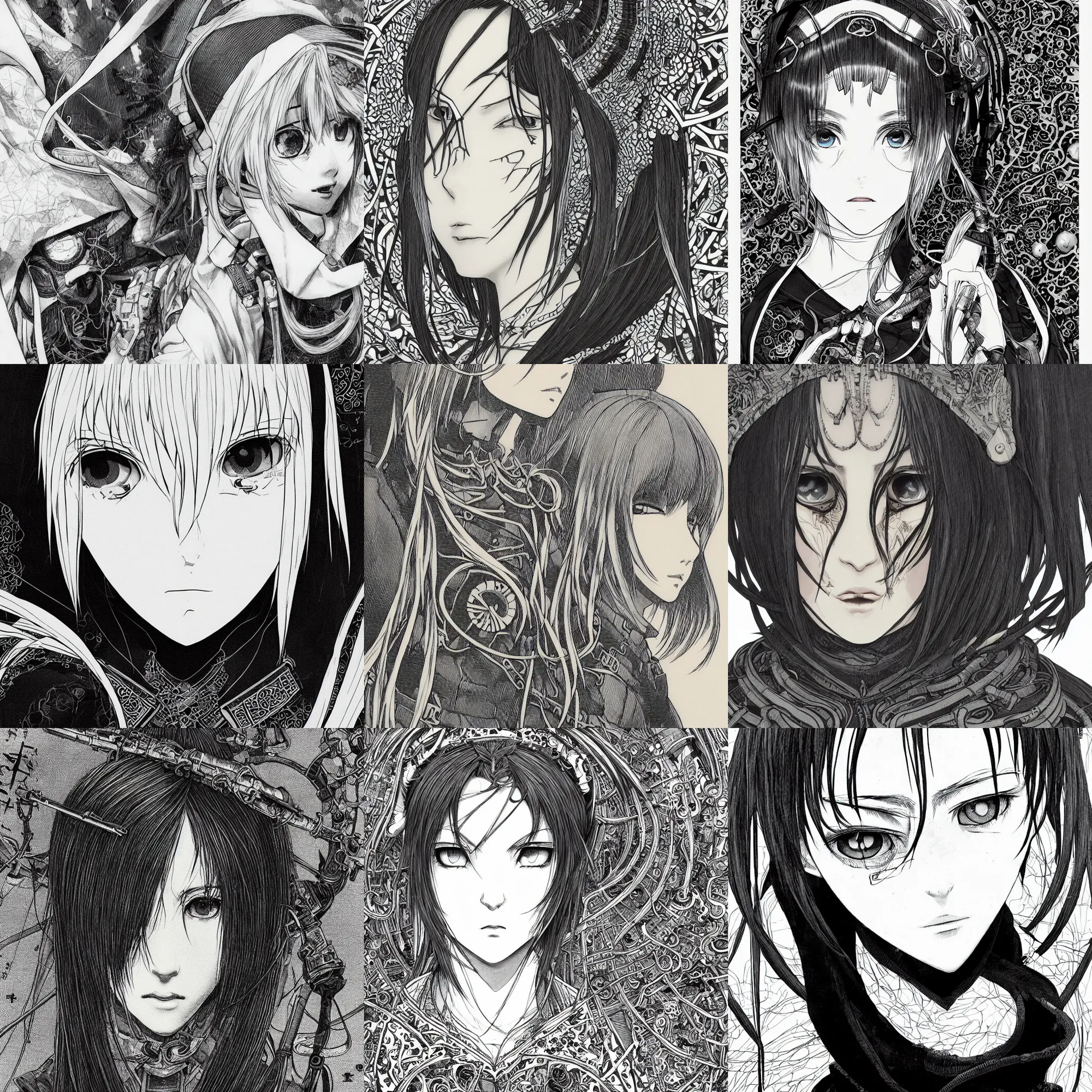 Prompt: techwear occultist, white hime cut hairstyle female, by kyoto animation, beautiful, detailed symmetrical close up portrait, intricate complexity, in the style of takato yamamoto, cel shaded
