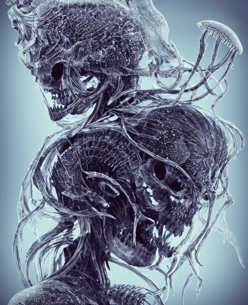 Image similar to close-up macro portrait of the face of a beautiful princess with animal skull mask, epic angle and pose, ribcage skeleton symmetrical artwork, 3d with depth of field, blurred background, cybernetic jellyfish female face skull phoenix bird, translucent, nautilus, energy flows of water and fire. a highly detailed epic cinematic concept art CG render. made in Maya, Blender and Photoshop, octane render, excellent composition, cinematic dystopian brutalist atmosphere, dynamic dramatic cinematic lighting, aesthetic, very inspirational, arthouse. y Greg Rutkowski, Ilya Kuvshinov, WLOP, Stanley Artgerm Lau, Ruan Jia and Fenghua Zhong