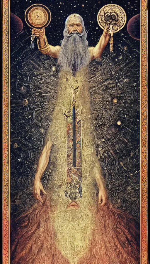 Image similar to the emperor, tarot design, taurus, mars energy, ankh scepter in his hand, wisdom, long white beard, agostino arrivabene