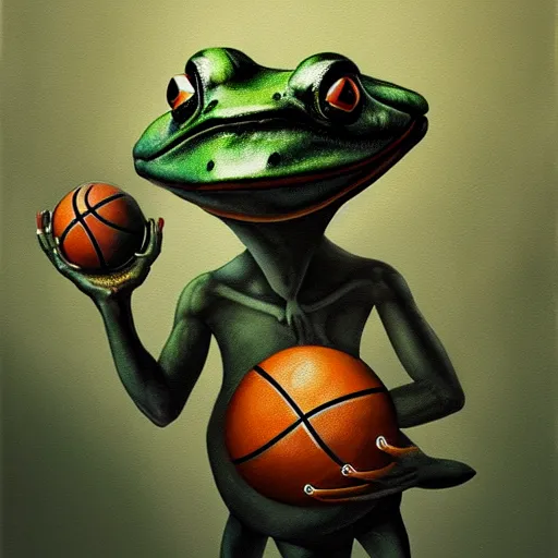 Prompt: anthropomorphic frog playing basketball, style of hieronoymus bosch, painting, ultra realistic, 4 k, artstation, extreme detail