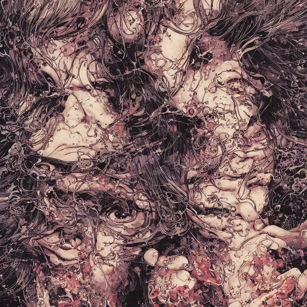 Image similar to closeup of face melting, by yoichi hatakenaka, masamune shirow, josan gonzales and dan mumford, ayami kojima, takato yamamoto