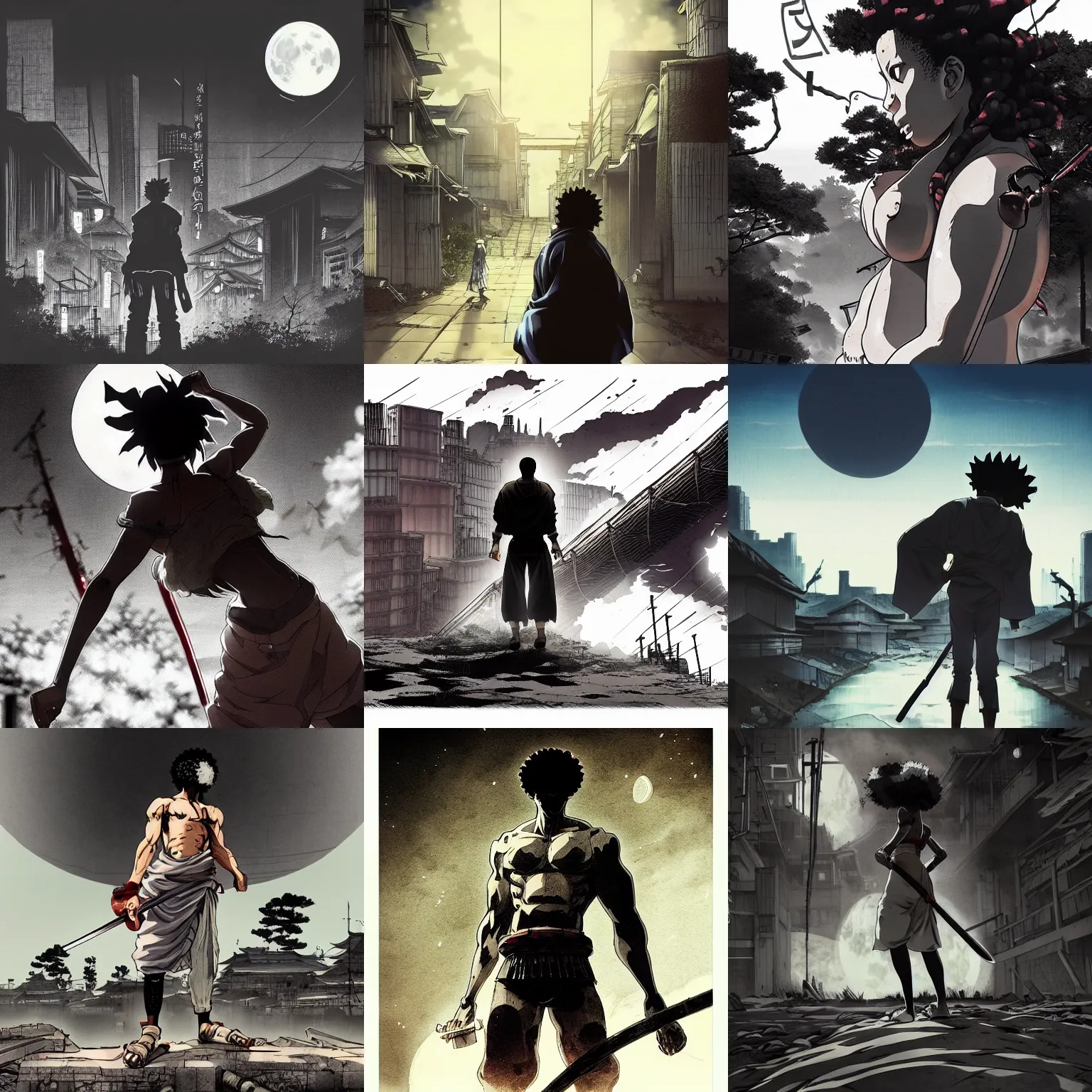 Prompt: , thicc instagram model in afro samurai anime style, full body profile, dynamic wide angle lens, manga style, greg rutkowski, pencil and ink, full moon lighting, fully clothed in a post apocalyptic city