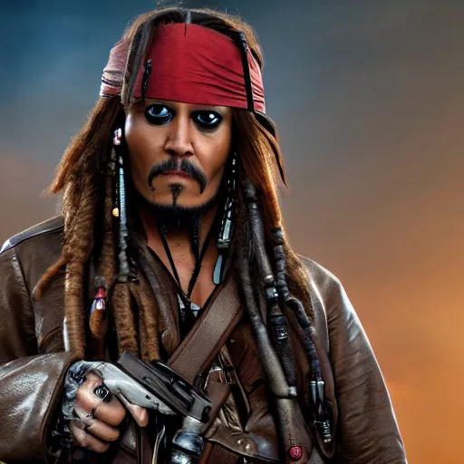 Image similar to captain jack sparrow as terminator, highly detailed, photo realistic, cinematic atmosphere, 8 k, octane render, unreal engine