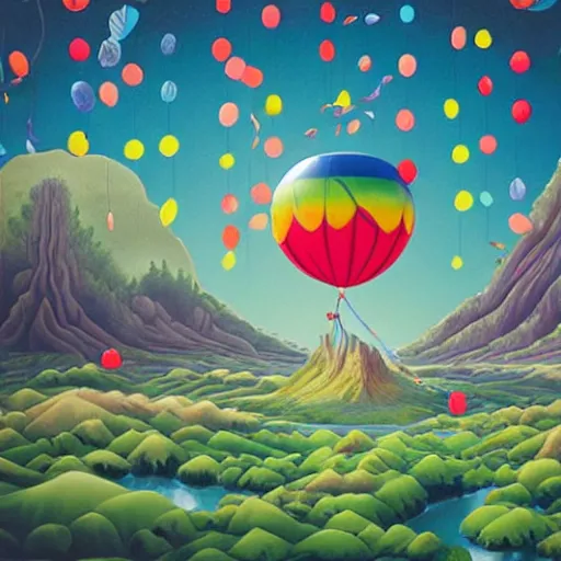 Prompt: inflatable landscape with forest, river and mountains in the middle of the frame colossal balloon with number 6 surrounded by colorful ribbons and party confetti , concept art, huge scale, high detail, sci fi by James Jean