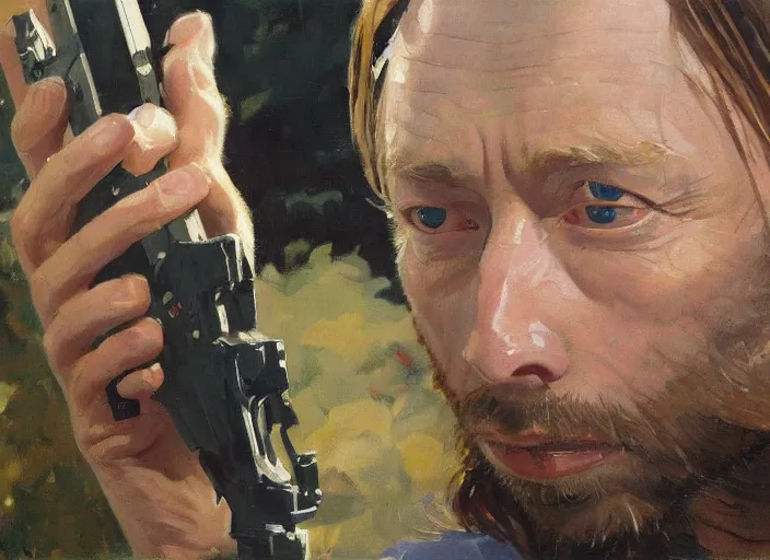 Image similar to a highly detailed beautiful portrait of thom yorke shooting an ak 4 7, by gregory manchess, james gurney, james jean