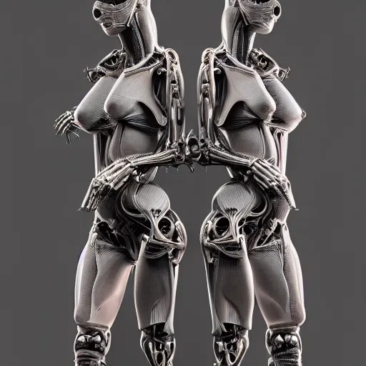 Image similar to biomechanical gina gerson twins, chimeric organism, pale skin, organic steel, full frontal, portrait, highly detailed, transhumanist, mechanical, professional photo, mendelbrot fractal, ray tracing, hyperdetailed, hyperrealistic, trending on artstation, oppai cyberpunk, octane render, hdr, uhd 4k