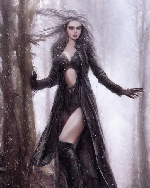 Prompt: a beautiful female, 8 k, hyperrealistic, hyperdetailed, modern clothes full length body, dark fantasy, dark wood, rain, wolves, fantasy portrait by laura sava
