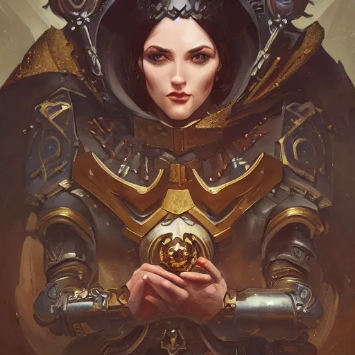 Image similar to a warhammer 40k inquisitor, art nouveau, D&D, fantasy, intricate, elegant, highly detailed, digital painting, artstation, concept art, matte, sharp focus, illustration, hearthstone, art by Artgerm and Greg Rutkowski and Alphonse Mucha