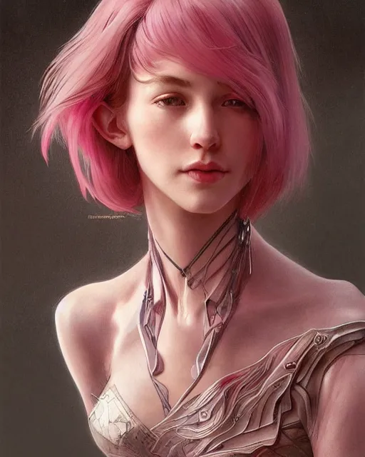 Image similar to portrait of pink short haired half elf with bangs, intricate, elegant, highly detailed, my rendition, digital painting, artstation, concept art, smooth, sharp focus, illustration, art by artgerm and greg rutkowski and alphonse mucha and uang guangjian and gil elvgren and sachin teng and wlop, symmetry!!