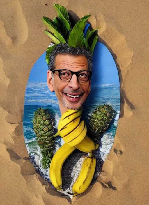 Prompt: jeff goldblum as a banana on the sand of a beach by arcimboldo giuseppe