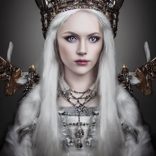 Image similar to beautiful nordic queen, eye contact ,highly detailed, 4k, HDR, smooth, sharp focus, hyper realistic, high resolution, award-winning photo