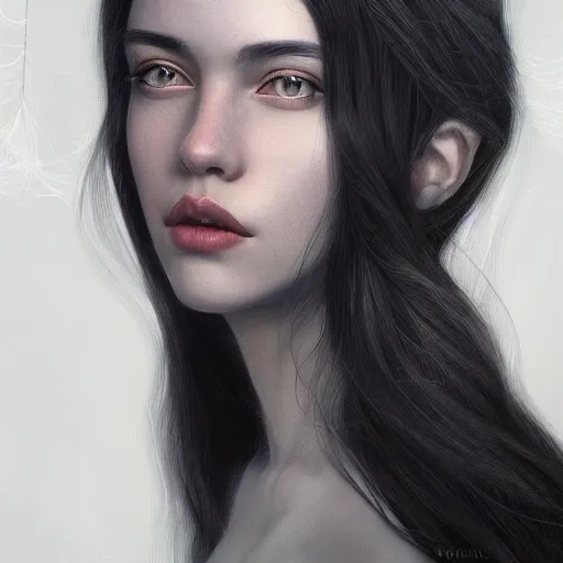 Image similar to fabulous rendition of a magnificent black haired woman, half body portrait, ethereal beauty, digital art, CGSociety, hyperdetailed, artstation, 8k