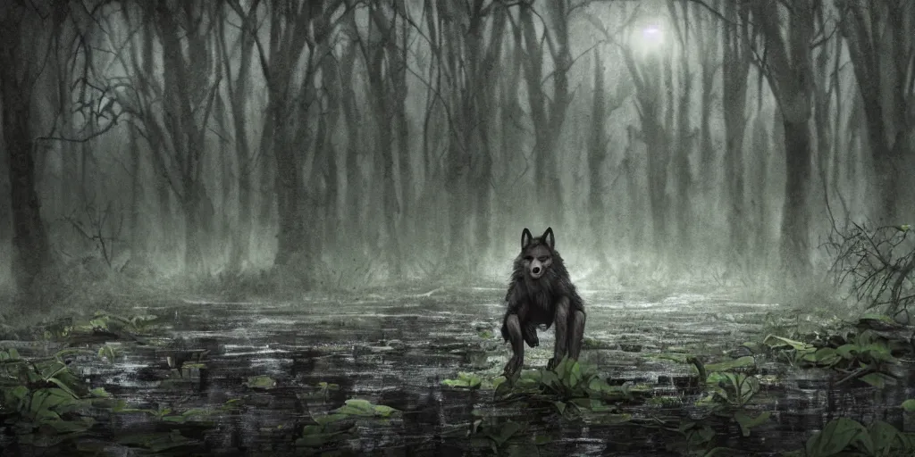 Prompt: a werewolf in a gloomy swamp