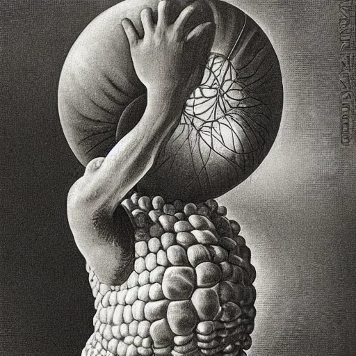 Prompt: corn man playing basketball, by zdzislaw beksinski and ernst haeckel