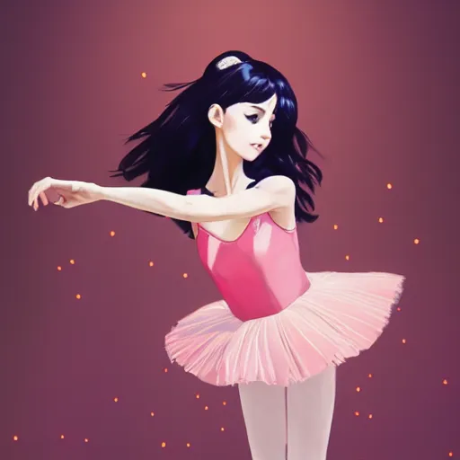 Image similar to portrait of a beautiful girl with dark hair dressed as a ballerina, ballet studio as the background, rich vivid colors, ambient lighting, dynamic lighting, 4 k, hq, official media, anime key visual, makoto shinkai, ilya kuvshinov, lois van baarle, rossdraws, detailed, trending on artstation