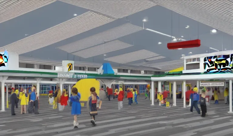 Image similar to Legoland train station interior platform, architectural render