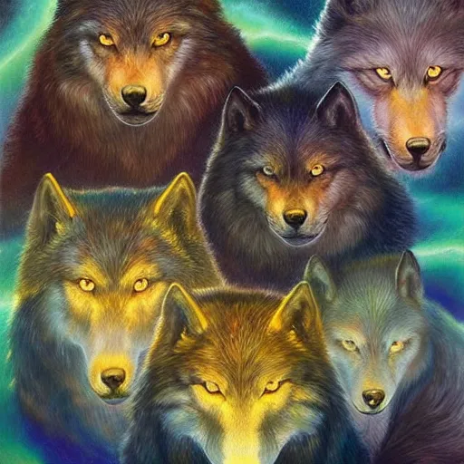 Prompt: enlightened pack of spirit wolves made out of nature by MICHAEL DIVINE and by AMANDA SAGE in the style of oil painting visionary art, trending on artstation, very coherent