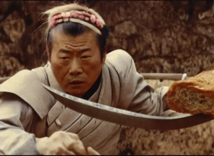 Image similar to a movie still of a samurai slicing through a loaf of bread by Akira Kurosawa