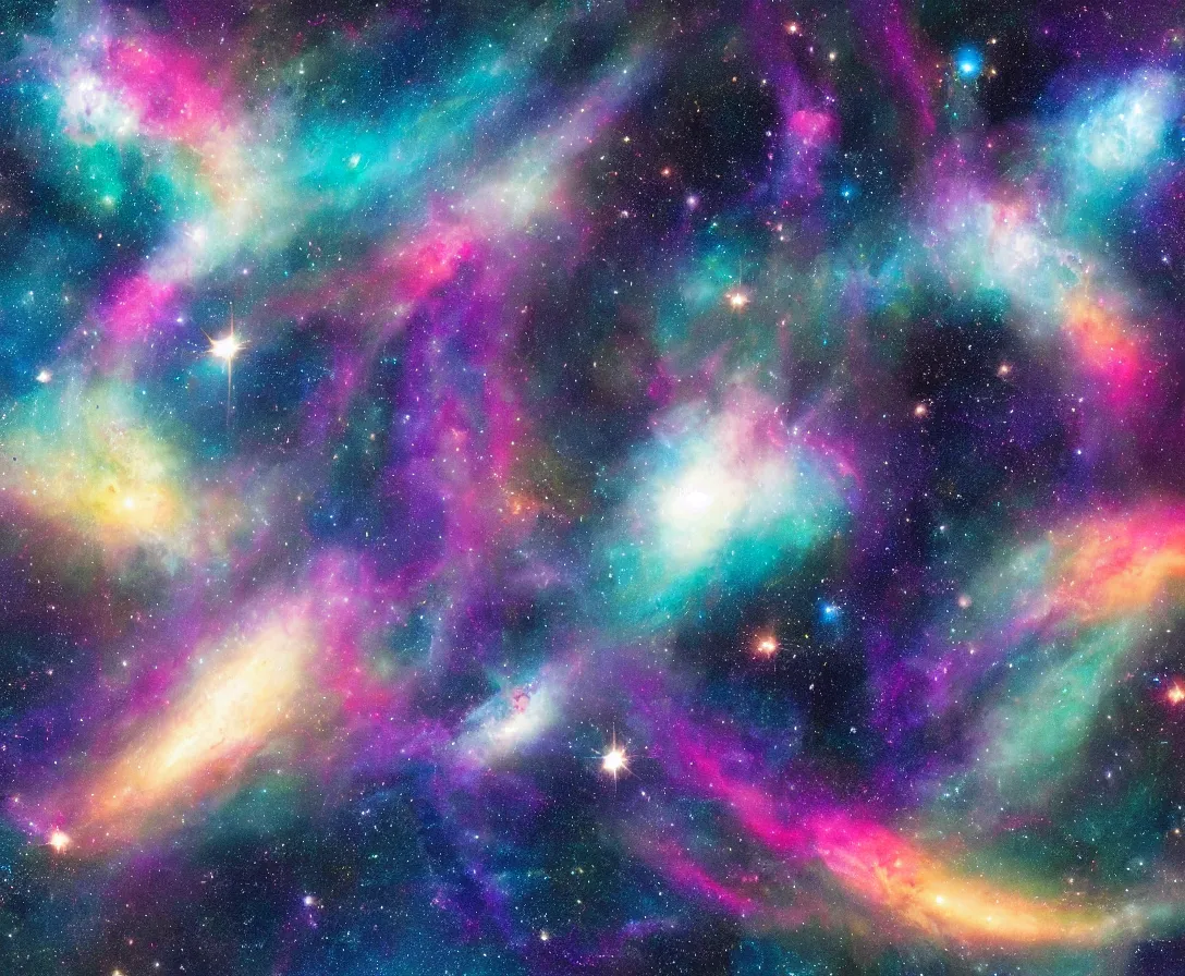 Image similar to whales swimming in space, colorful galaxy