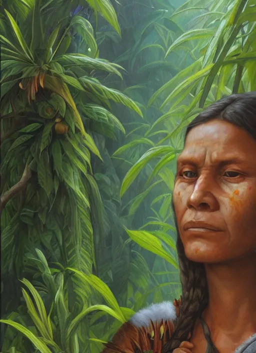 Image similar to a beautiful close up portrait of an indigenous woman holding medicinal plants in the jungle, highly detailed, art by christophe vacher