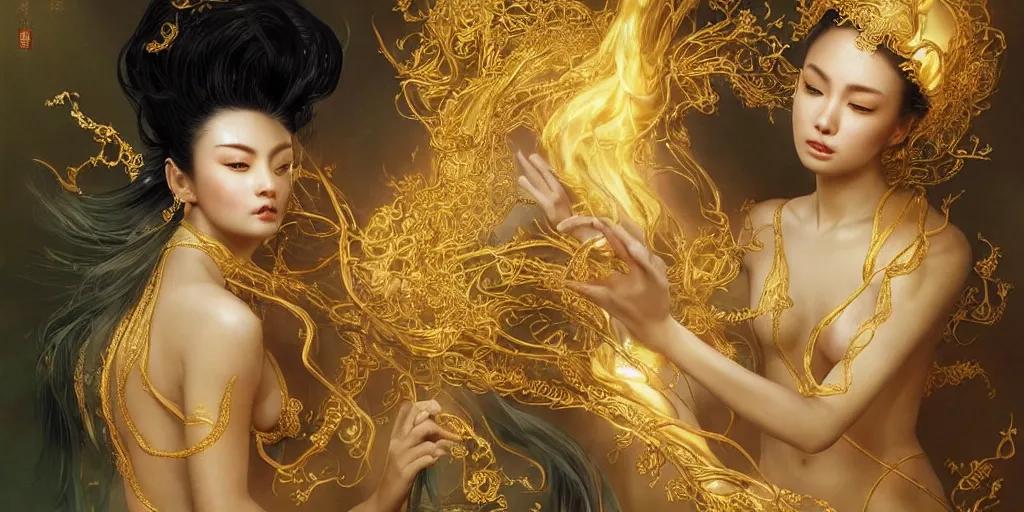 Image similar to asian nymph bald goddess, flowing golden silk twisting with whiten tattoos of cursive sigils on her opalescent skin, fantasy, intricate, very beautiful, elegant, golden light, highly detailed, art by huang guangjian and ail elvgren and sachin teng