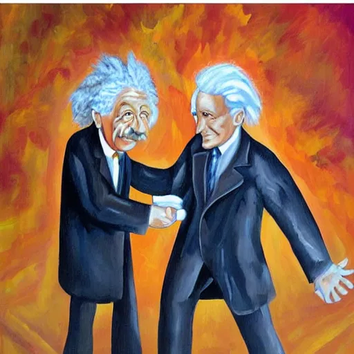 Prompt: Albert Einstein and Elon Musk fistfighting, oil painting