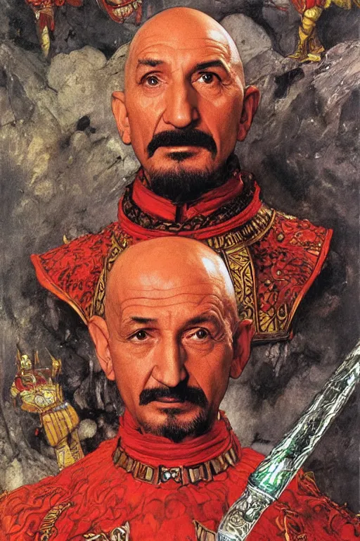 Image similar to ben kingsley as ming the merciless, painted by jack kirby, lawrence alma tadema, norman rockwell, greg staples, wayne barlow, neville page