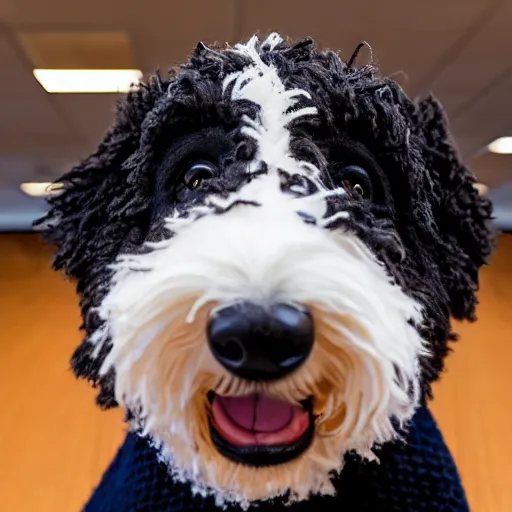 Image similar to a closeup photorealistic photograph of a cute smiling knitted bernedoodle judge dog dressed in a black gown, presiding over the courthouse. indoors, professional capture, well lit shot. this 4 k hd image is trending on artstation, featured on behance, well - rendered, extra crisp, features intricate detail, epic composition and the style of unreal engine.