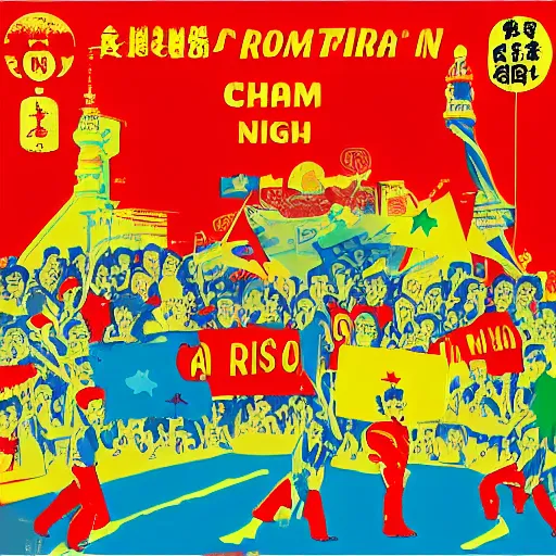 Prompt: a communist revolution in Candy Land, 1960s illustration, high quality, collage in the style of Chinese Propaganda and Andy Warhol, album cover