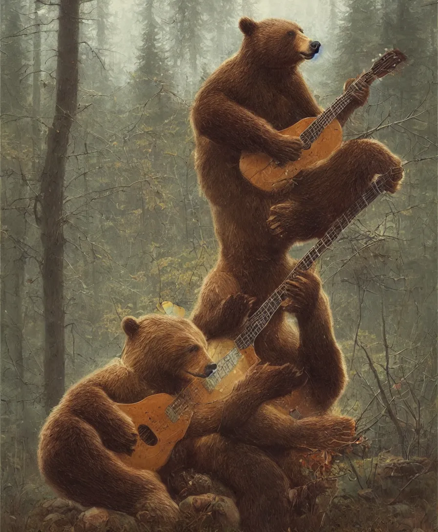 Prompt: realistic bear playing guitar, illustrated by Simon Stålenhag and Gaston Bussiere, intricate, ultra detailed, photorealistic, trending on artstation