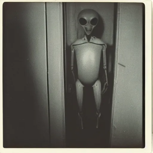 Image similar to polaroid photograph of an alien standing at the end of a bed in a dark room, 1 9 5 0 s