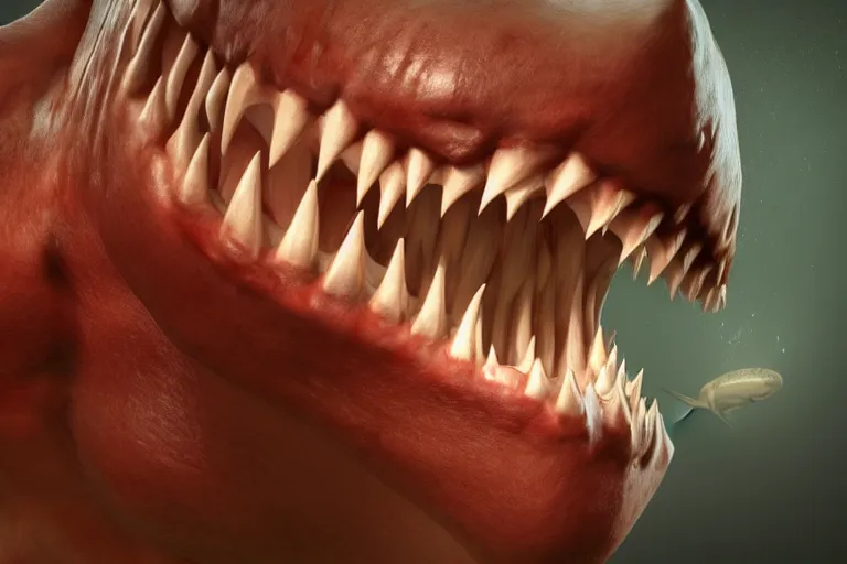 Image similar to half human half shark made of muscles and flesh, very angry, teeth, ambient light, terror, glows, realistic, photo - realism, hyper realism, picture, detailed, 3 d render, scary, distant shot, in the distance,