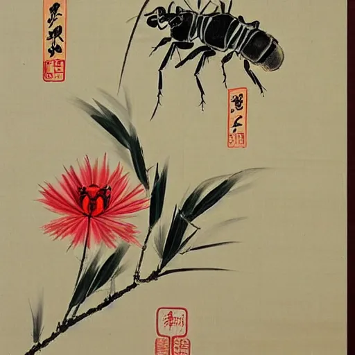 Image similar to a chinese painting of insect and plant by qi baishi