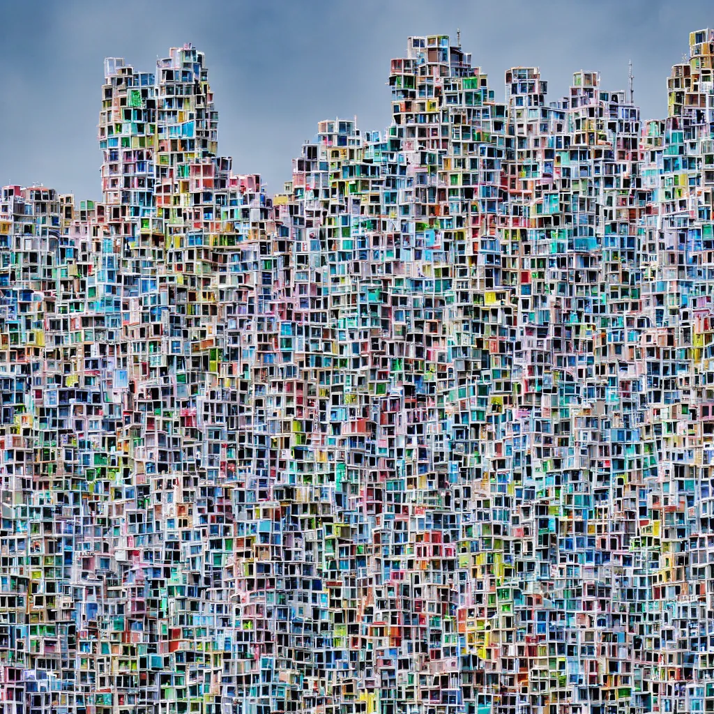 Image similar to close - up towers made up of colourful squatter housing, bleached colours, plain uniform off white sky, dystopia, mamiya, very detailed, ultra sharp, photographed by john chiara