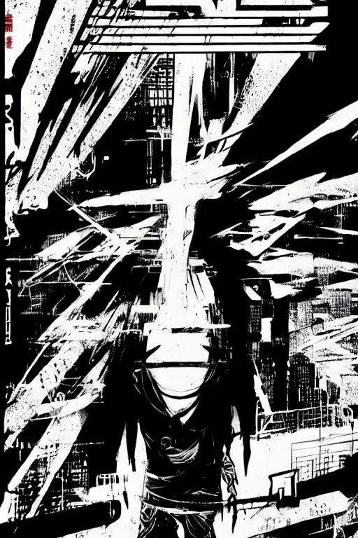 Image similar to professionally drawn seinen mature cyberpunk horror detective action manga comic cover, full color, beautifully drawn coherent professional, drawn by ilya kuvshinov, ilya kuvshinov, and hiromu arakawa and tsutomu nihei. japanese script kanji hiragana on the cover. simplistic minimalist cover art. stylized stylistic.