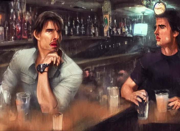 Image similar to hyper realistic tom cruise hanging out with tom cruise at a bar, by greg rutkowski, 4 k, 8 k, masterpiece