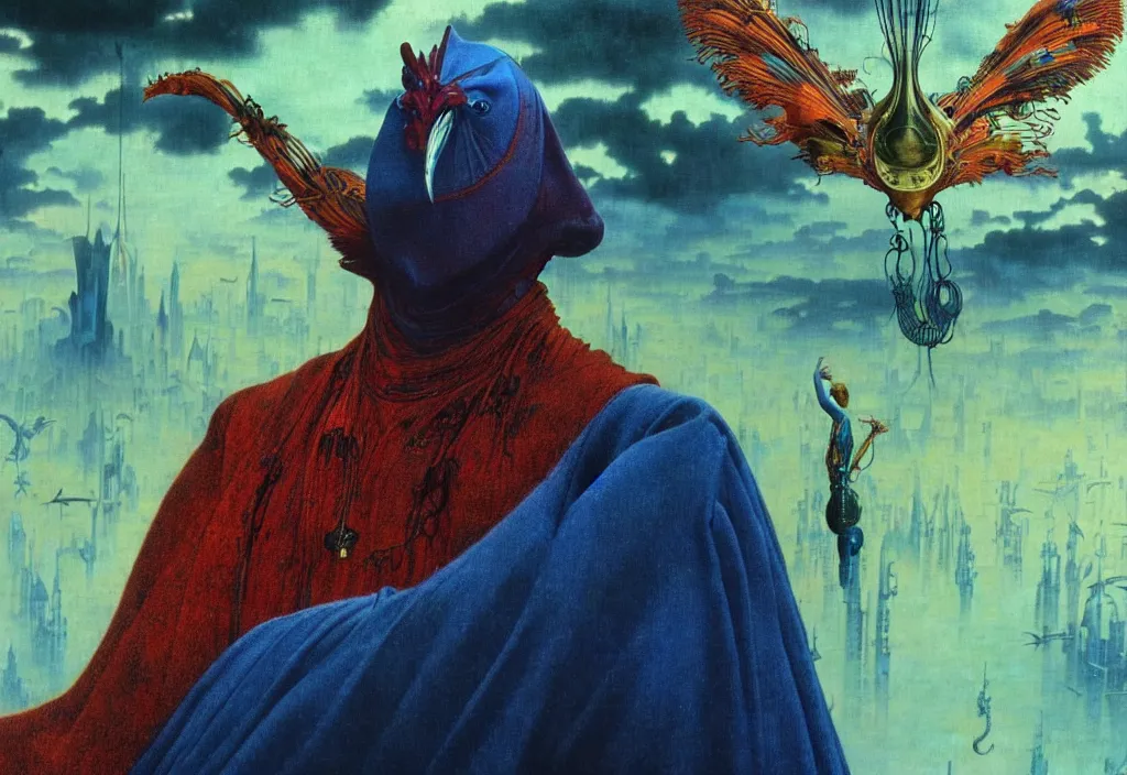 Prompt: realistic detailed portrait movie still of a birdman wearing dark robes, sci fi city landscape background by denis villeneuve, amano, yves tanguy, alphonse mucha, ernst haeckel, max ernst, roger dean, masterpiece, rich moody colours, blue eyes, snarling dog teeth