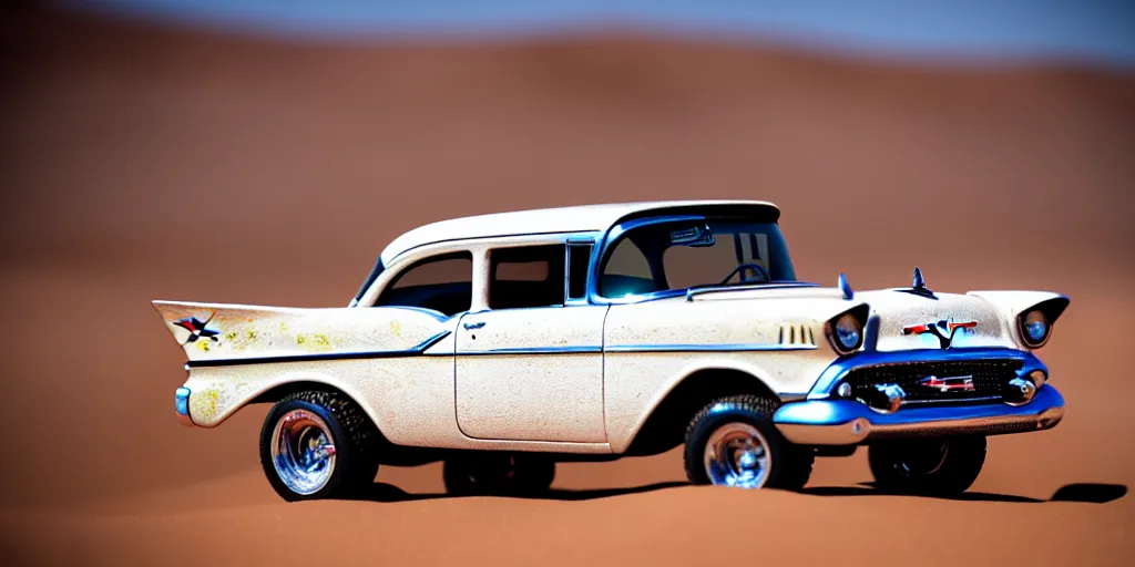 Image similar to Hot Wheels, 1957 Chevrolet Bel Air, lifted, 4x4, K10, trophy truck, cinematic, Maxxis, 8k, depth of field, mexican desert, bokeh, DAKAR.