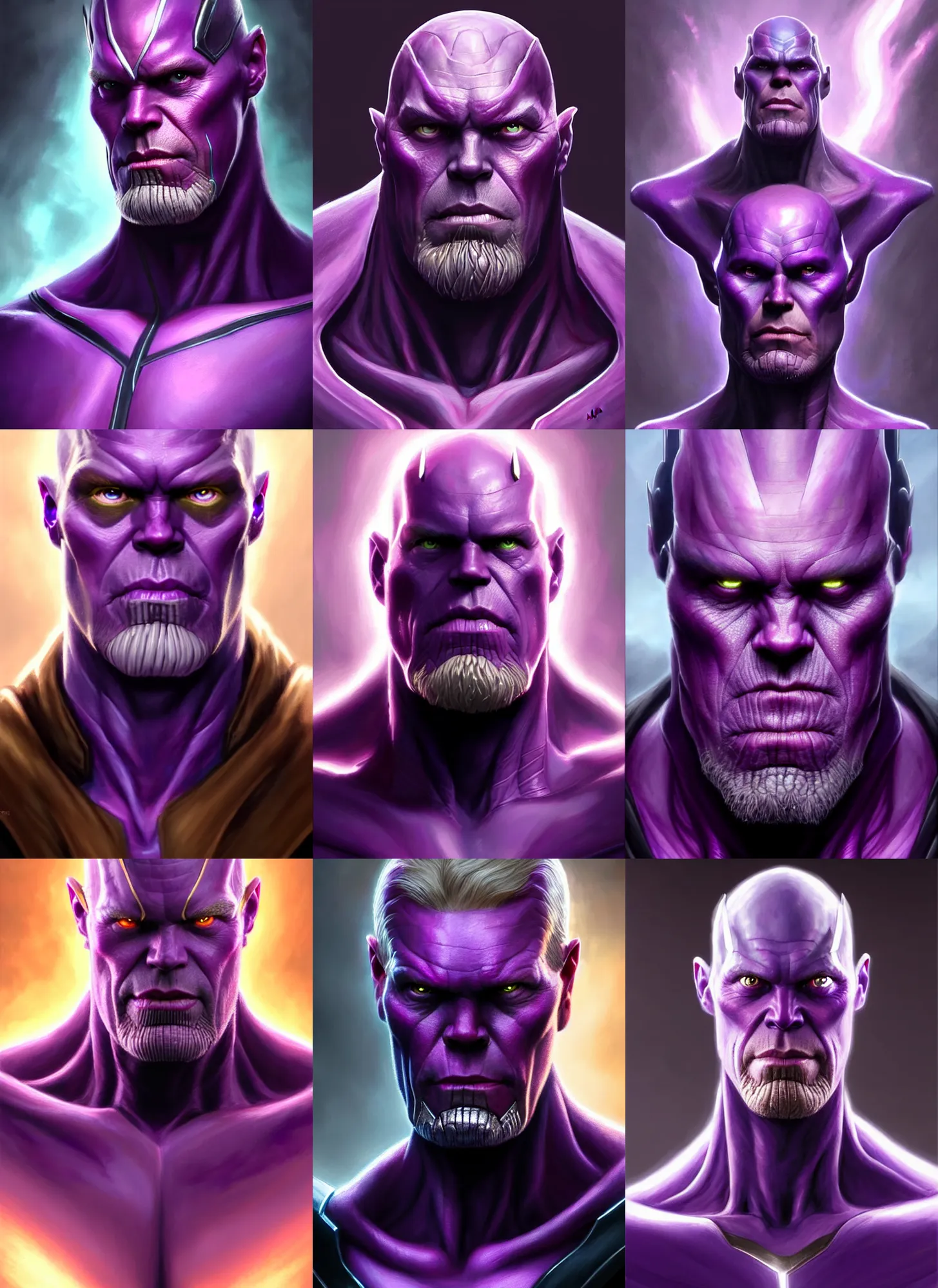 Prompt: a fantasy style portrait painting a character if vision ( paul bettany ) and thanos had a son, purple skin, powerful chin, thanos style traits, painting, unreal 5, daz., rpg, portrait, extremely detailed, artgerm greg rutkowski _ greg